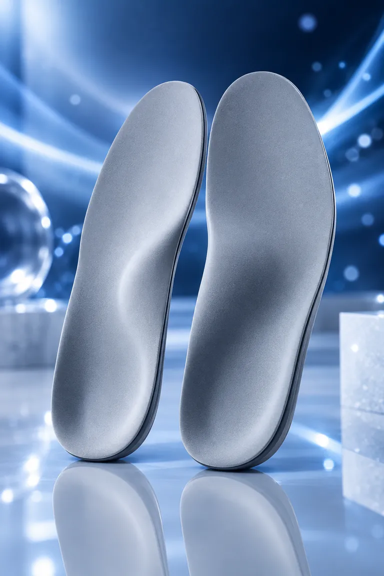 Par de palmilhas personalizadas sobre superfície reflexiva com luz azul
